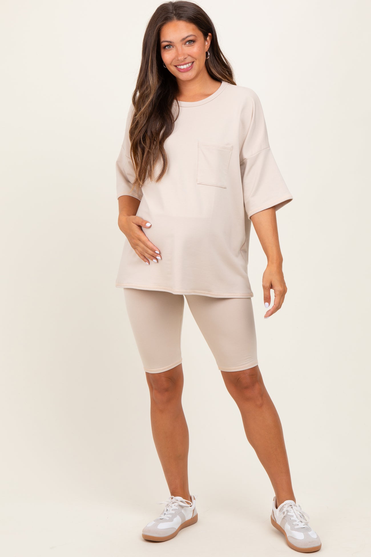 Beige Oversized Short Sleeve Biker Short Maternity Set