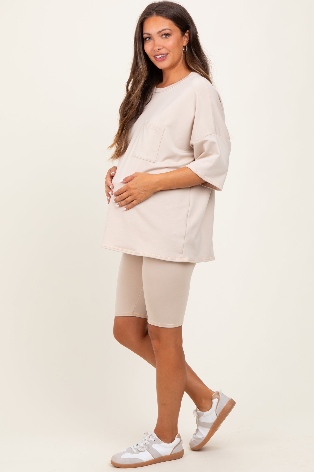 Beige Oversized Short Sleeve Biker Short Maternity Set
