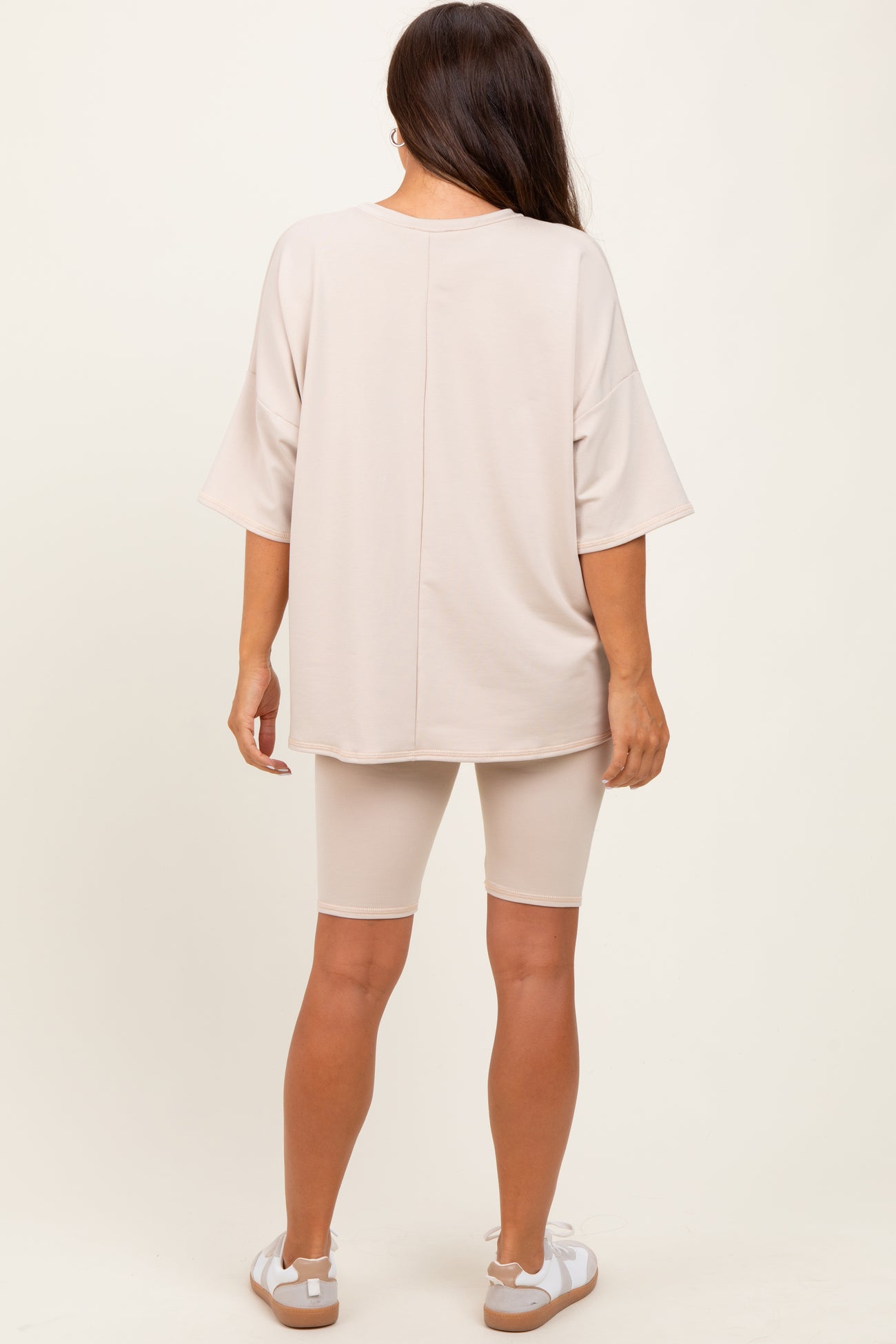 Beige Oversized Short Sleeve Biker Short Maternity Set