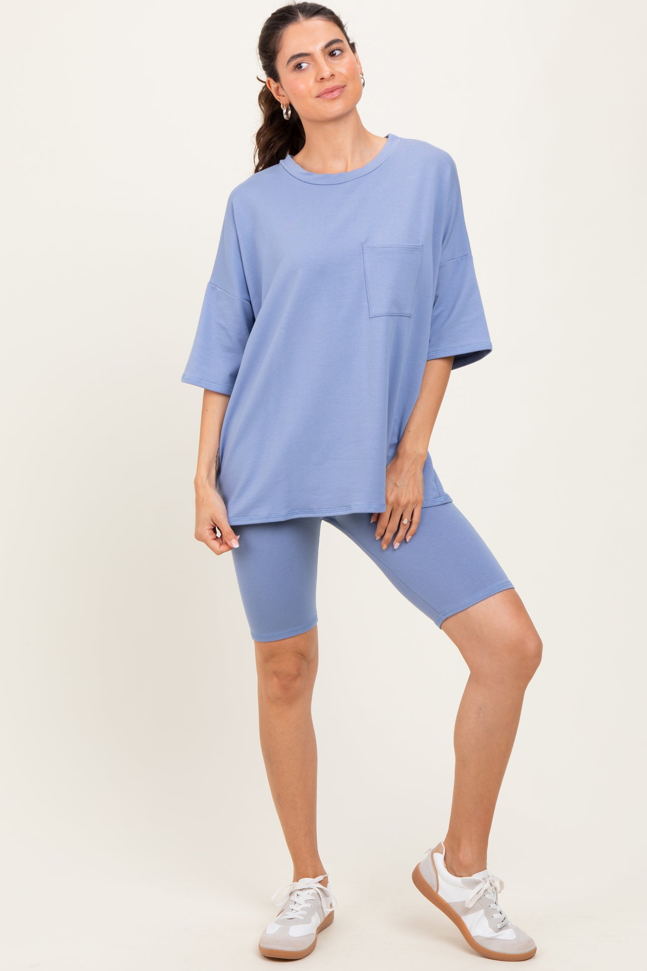 Blue Oversized Short Sleeve Biker Short Maternity Set