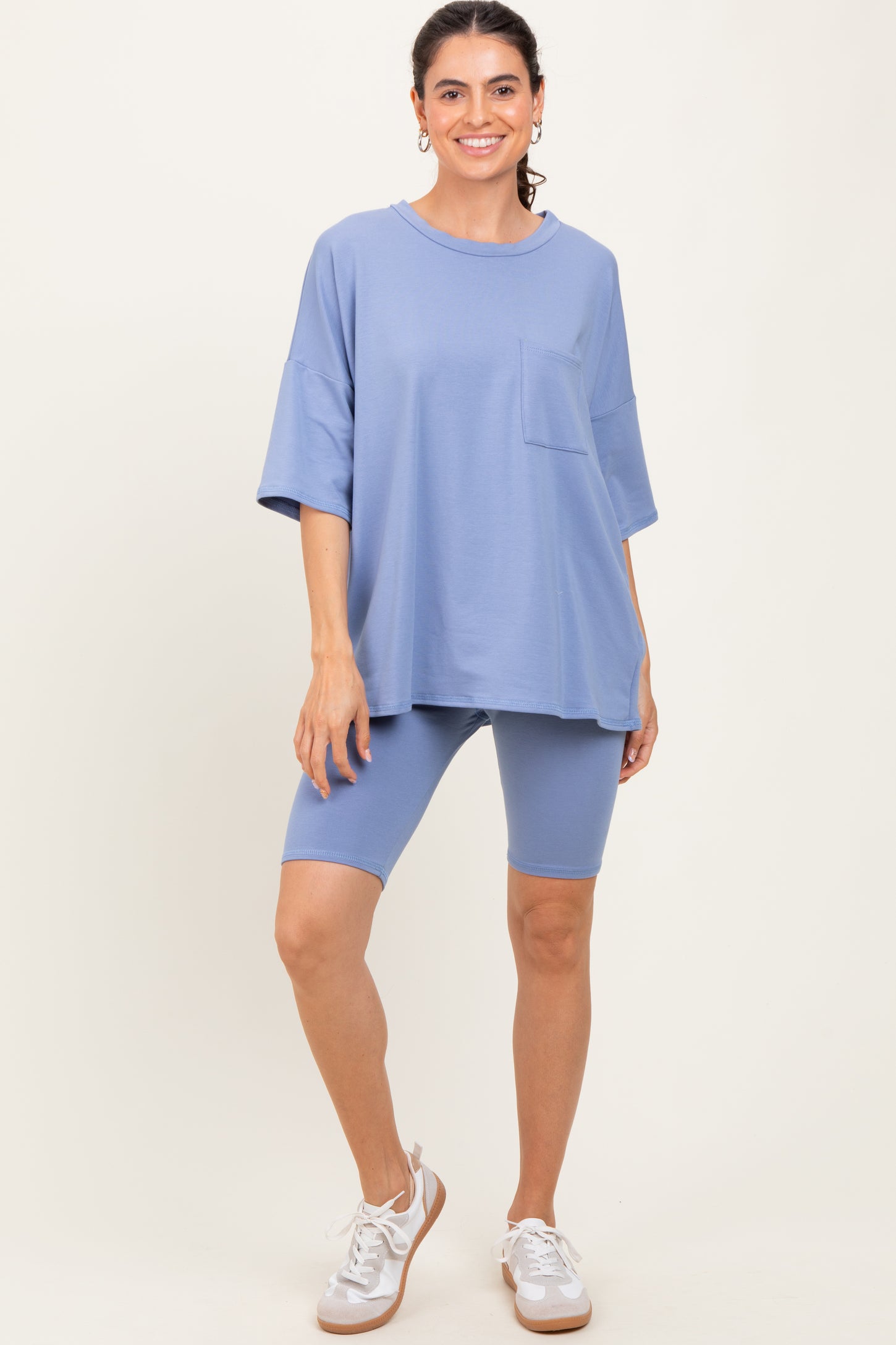 Blue Oversized Short Sleeve Biker Short Set