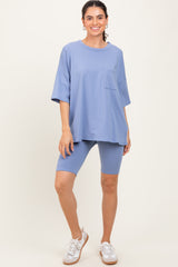Blue Oversized Short Sleeve Biker Short Set