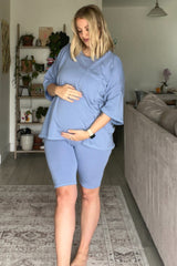 Blue Oversized Short Sleeve Biker Short Maternity Set