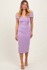 Lavender Off Shoulder Fitted Maternity Midi Dress