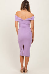 Lavender Off Shoulder Fitted Midi Dress