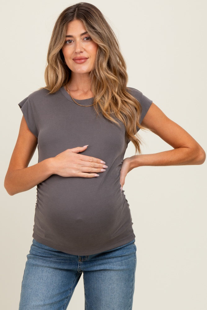 Charcoal Side Ruched Maternity Short Sleeve Top