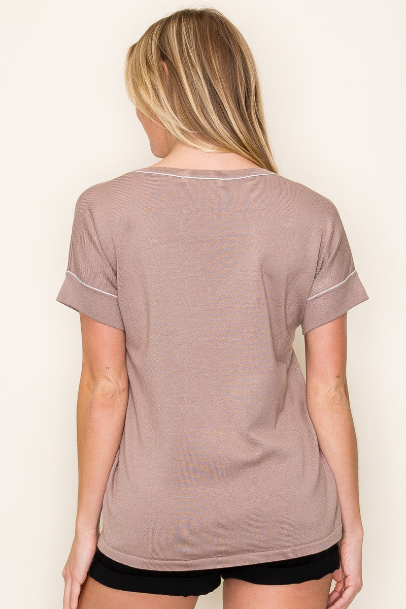 Mocha Knit Stitch Accent Short Sleeve Top
