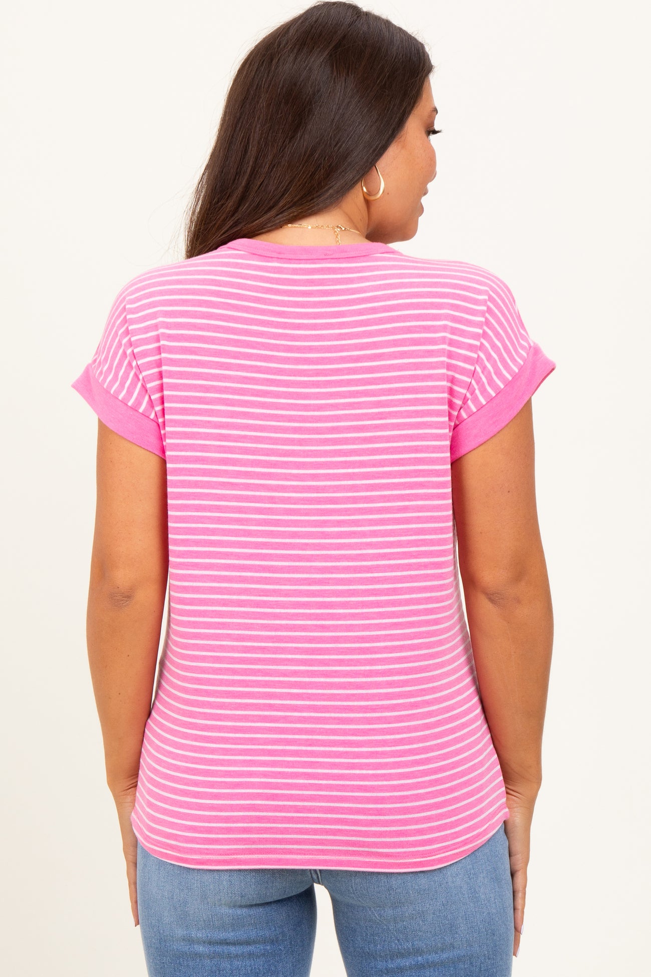 Pink Striped Terry Maternity Short Sleeve Top