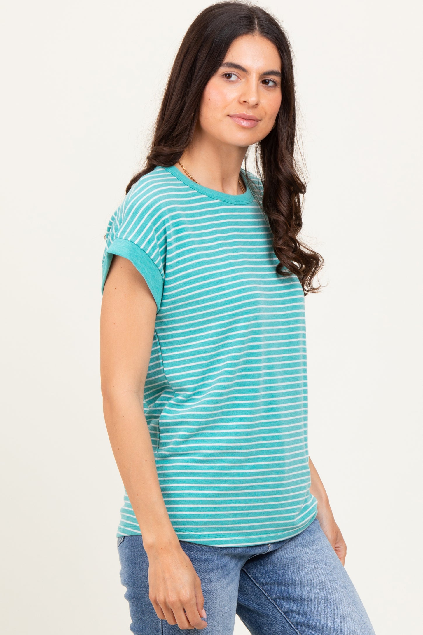Green Striped Terry Short Sleeve Top