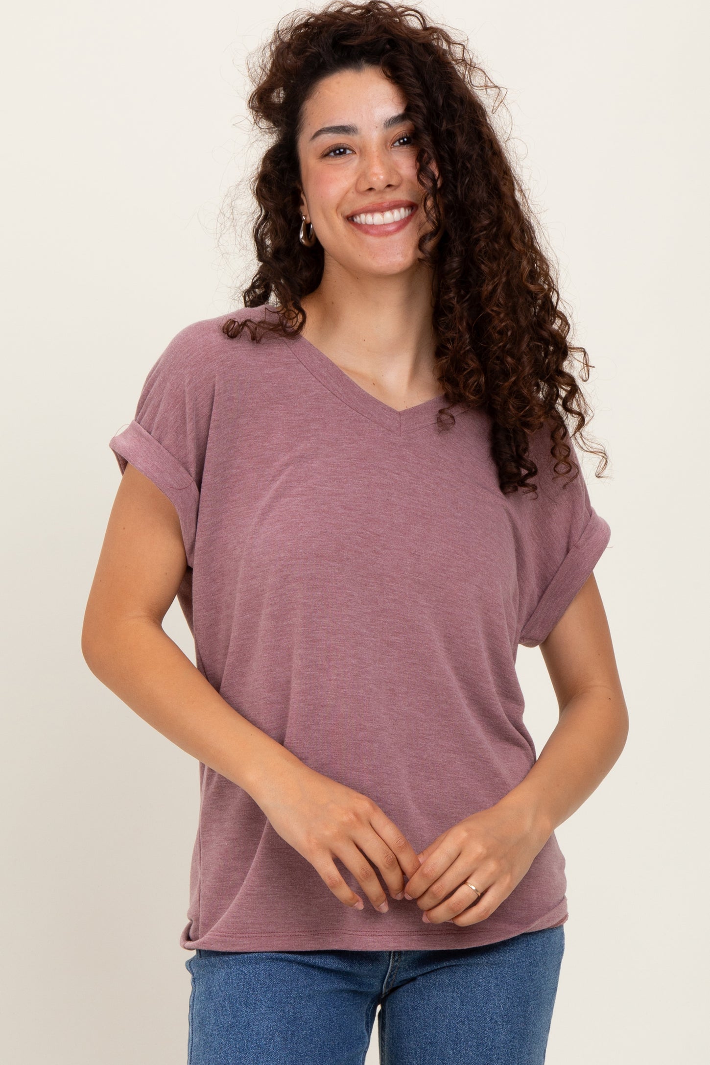 Mauve Terry V-Neck Short Sleeve Top