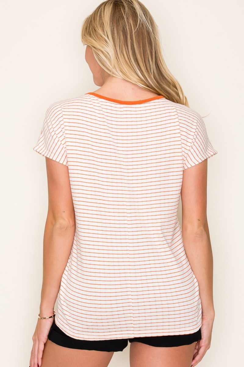 Orange Striped Knit Short Sleeve Top