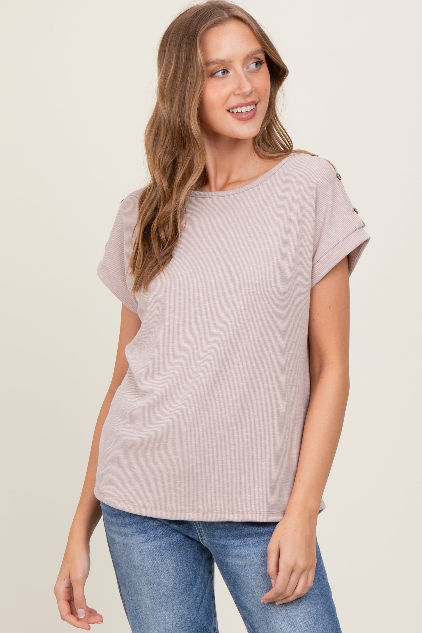 Taupe Button Shoulder Detail Short Sleeve Top