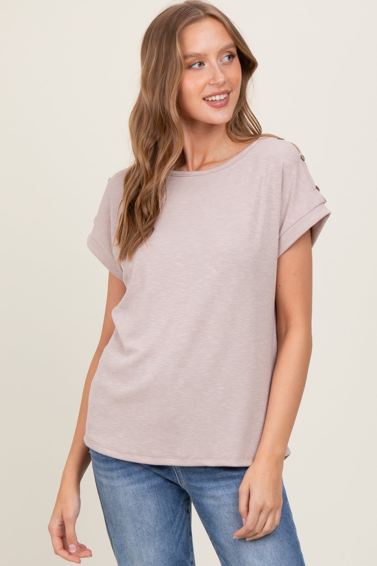 Taupe Button Shoulder Detail Maternity Short Sleeve Top