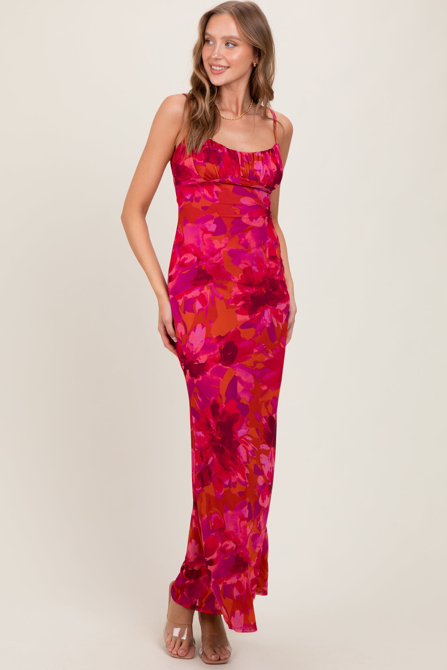 Magenta Floral Back Cutout Midi Dress