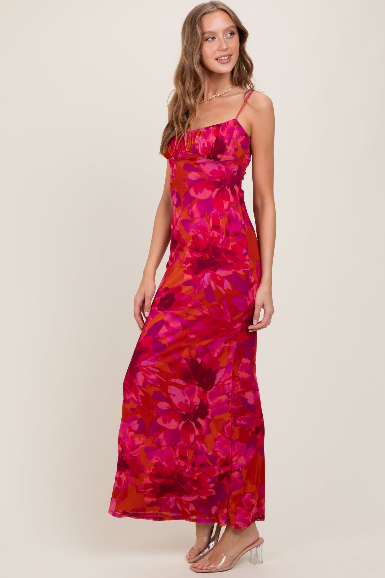 Magenta Floral Back Cutout Midi Dress