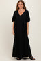 Black Solid Woven Elbow Sleeve V-Neck Button Down Maxi Dress