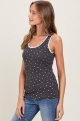 Charcoal Ditzy Floral Ribbed Sleeveless Lace Trim Tank Top