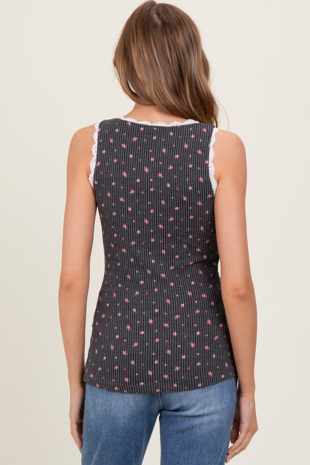 Charcoal Ditzy Floral Ribbed Sleeveless Lace Trim Tank Top