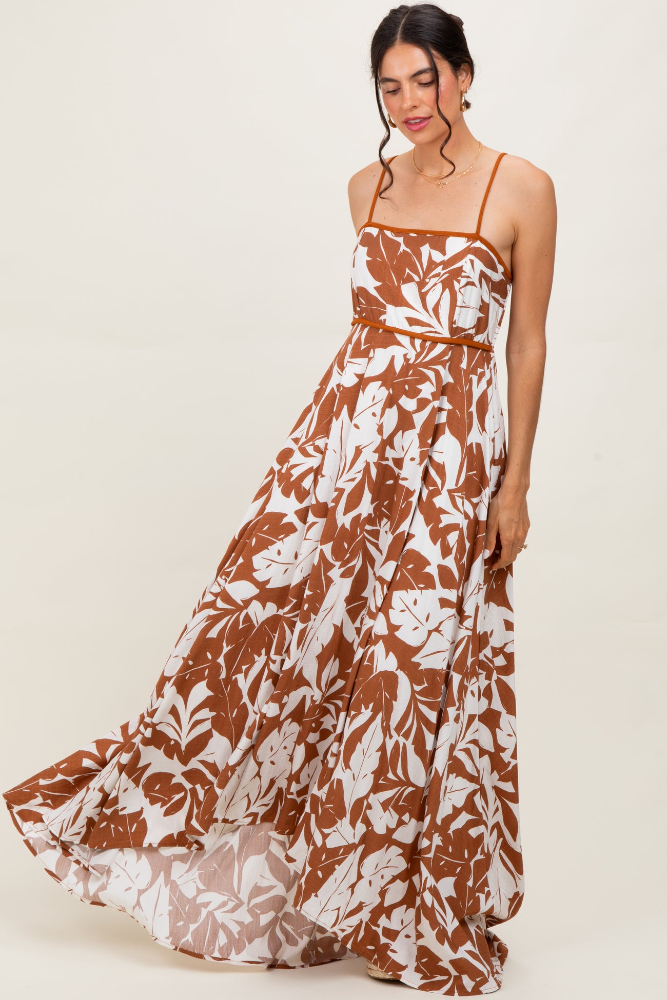 Mocha Vintage Floral Smocked Top Sleeveless Maxi Dress