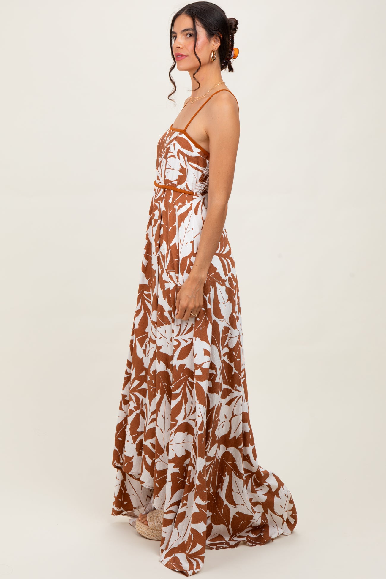 Mocha Vintage Floral Smocked Top Sleeveless Maxi Dress