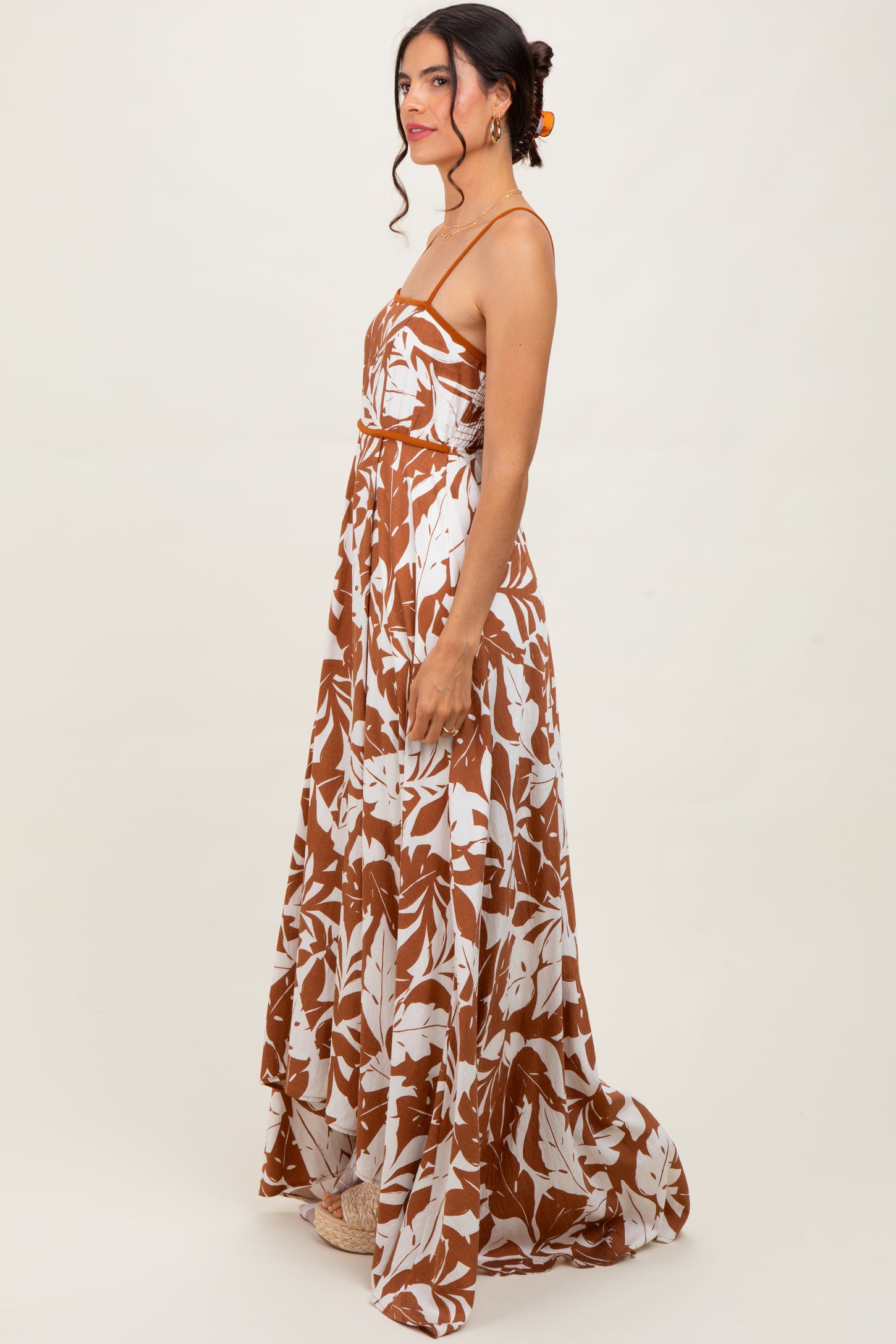 Mocha Vintage Floral Smocked Top Sleeveless Maxi Dress