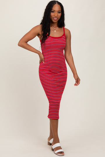 Red Striped Thin Strap Fitted Midi Dress