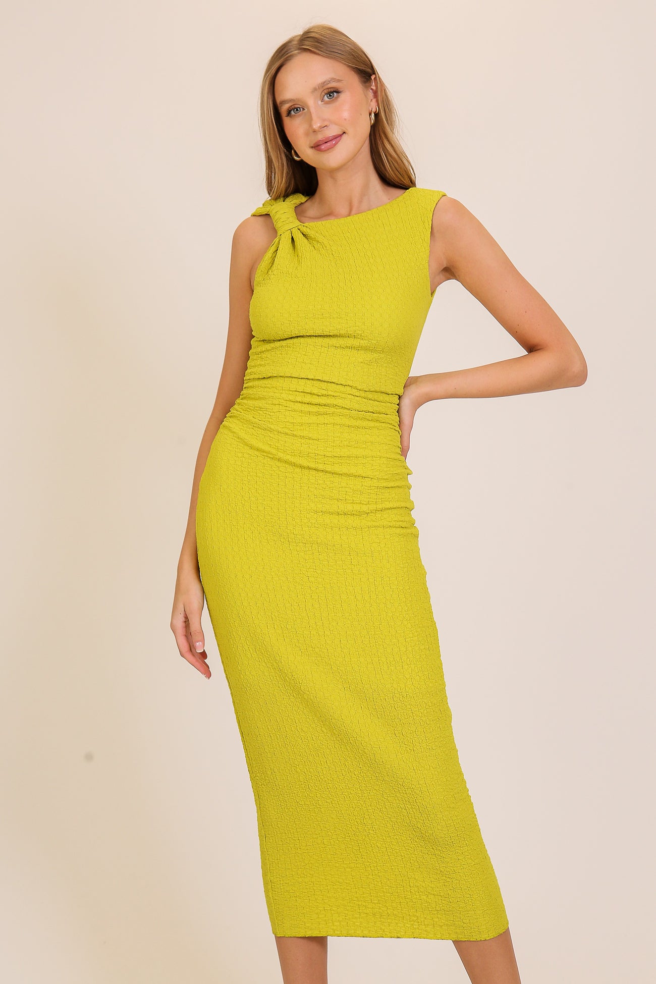 Lime Textured Shoulder Detail Midi Dress