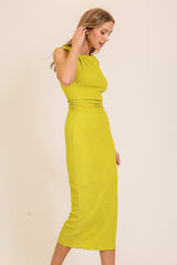 Lime Textured Shoulder Detail Midi Dress