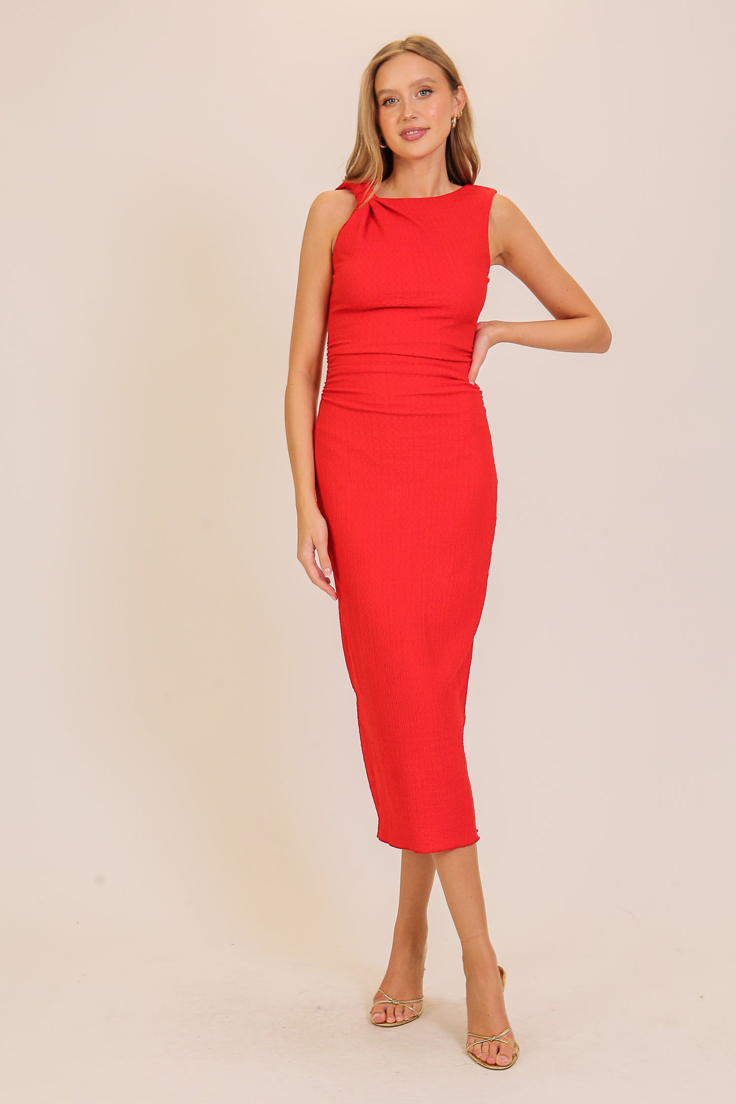 Red Textured Shoulder Detail Maternity Midi Dress