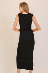 woman wearing a black fitted midi dress with a sleeveless design and form-fitting silhouette from the back