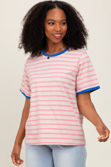 Pink Striped Contrast Trim Short Sleeve Maternity Tee