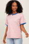Pink Striped Contrast Trim Short Sleeve Tee