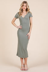 Olive Short Sleeve Side Button Ribbed Midi Dress