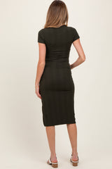 Olive Crew Neck Bubble Knit Ribbed Maternity Midi Dress