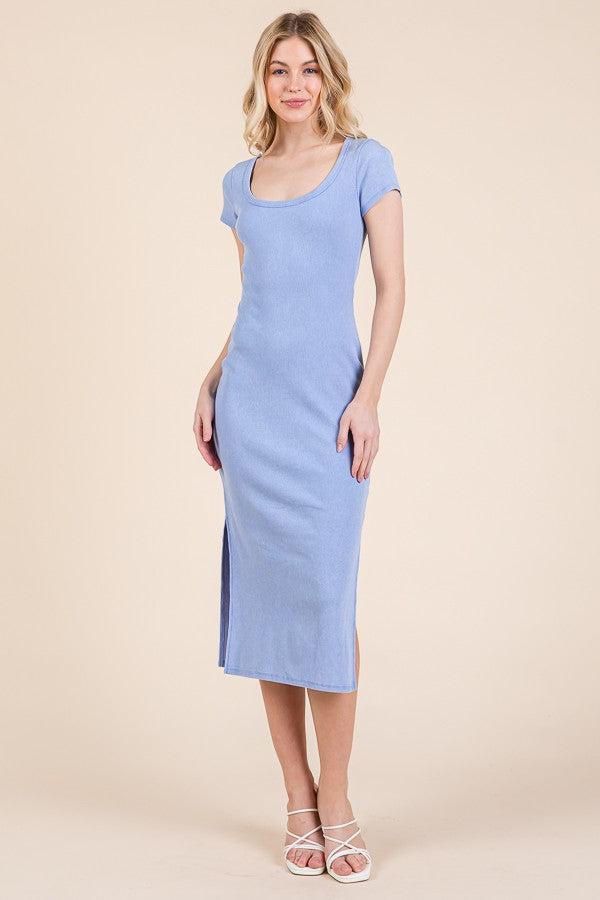 Light Blue Scoop Neck Short Sleeve Mineral Wash Maternity Midi Dress