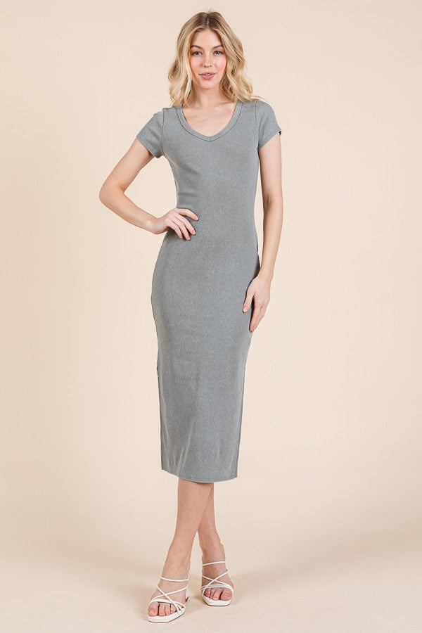 Light Olive V Neck Mineral Wash Side Slit Maternity Midi Dress