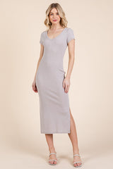 Taupe V Neck Mineral Wash Side Slit Maternity Midi Dress