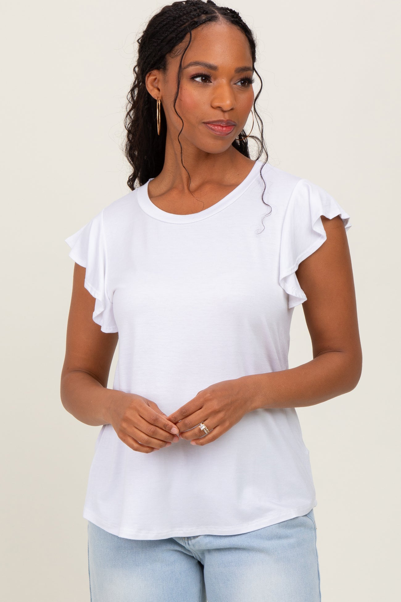 White Basic Short Flutter Sleeve Maternity Tee