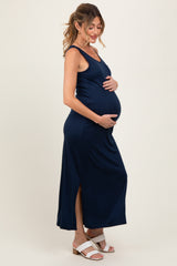 Navy Basic Pocket Sleeveless Maternity Maxi Dress