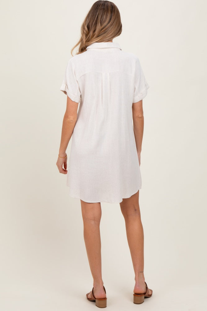 Beige Dolman Sleeve Linen Maternity Shirt Dress