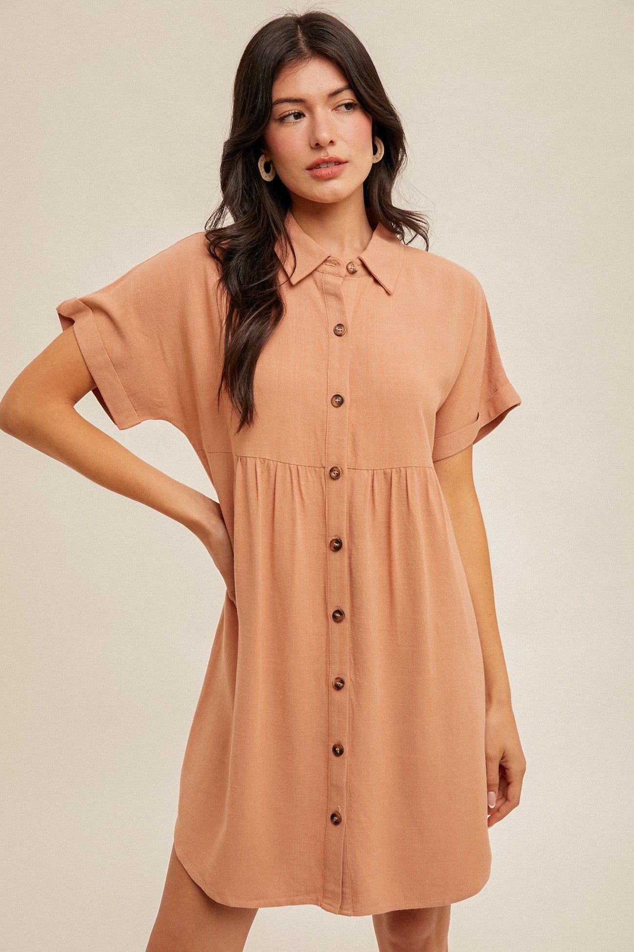 Peach Dolman Sleeve Linen Maternity Shirt Dress