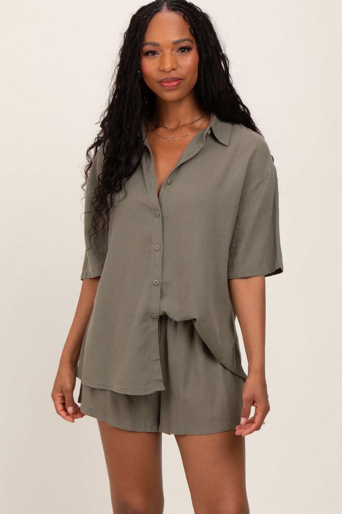 Olive Linen Blend Short Sleeve Shirt Shorts Maternity Set