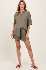 Olive Linen Blend Short Sleeve Shirt Shorts Maternity Set