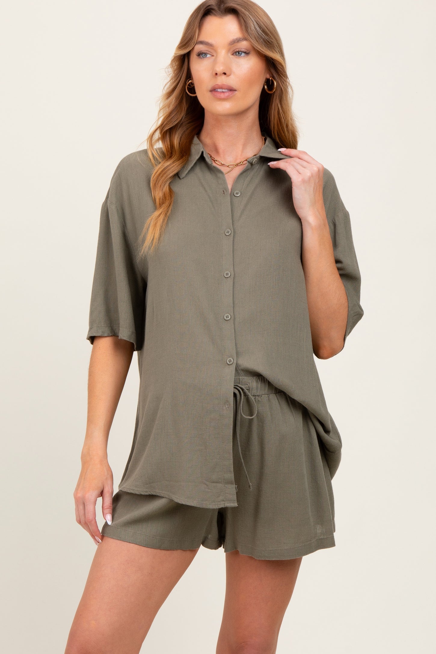 Olive Linen Blend Short Sleeve Shirt Shorts Maternity Set