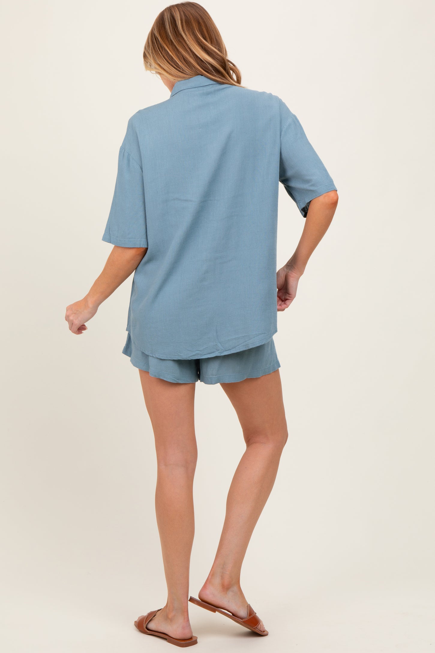 Blue Linen Blend Short Sleeve Shirt Shorts Maternity Set