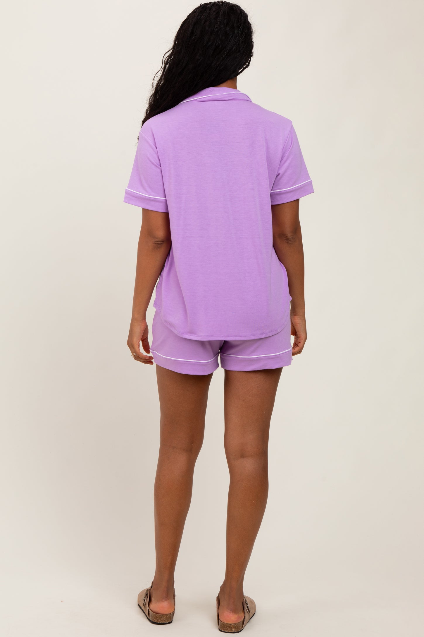 Lavender Short Sleeve Button Down Shirt Shorts Set