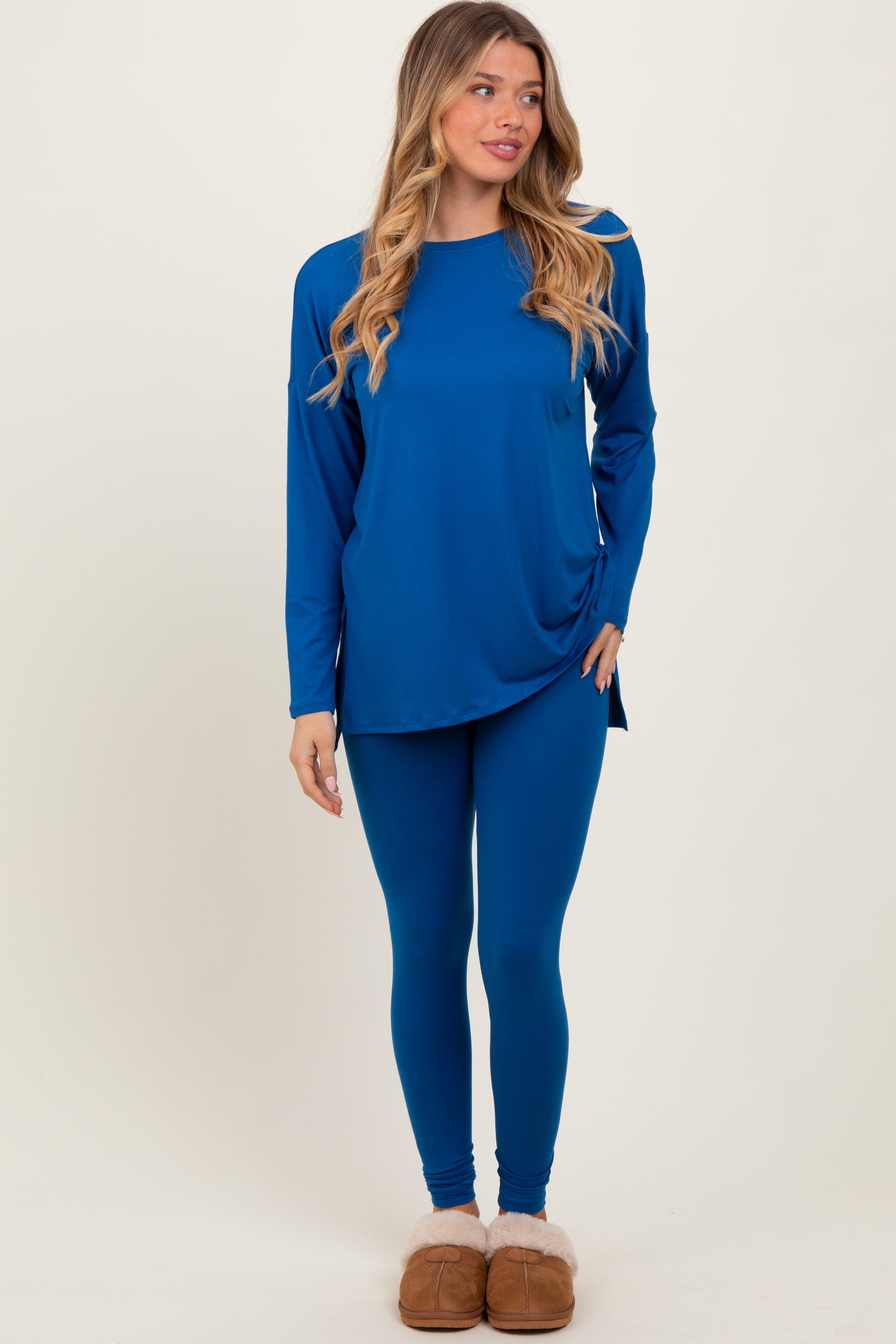 Blue Brushed Knit Maternity Oversized Top and Legging Set