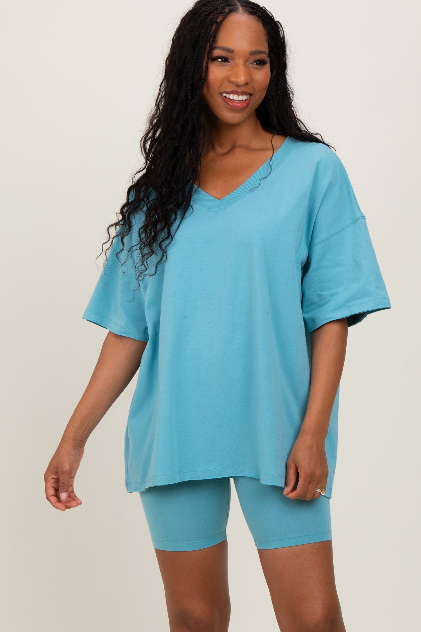 Light Blue Oversized V-Neck Biker Short Set