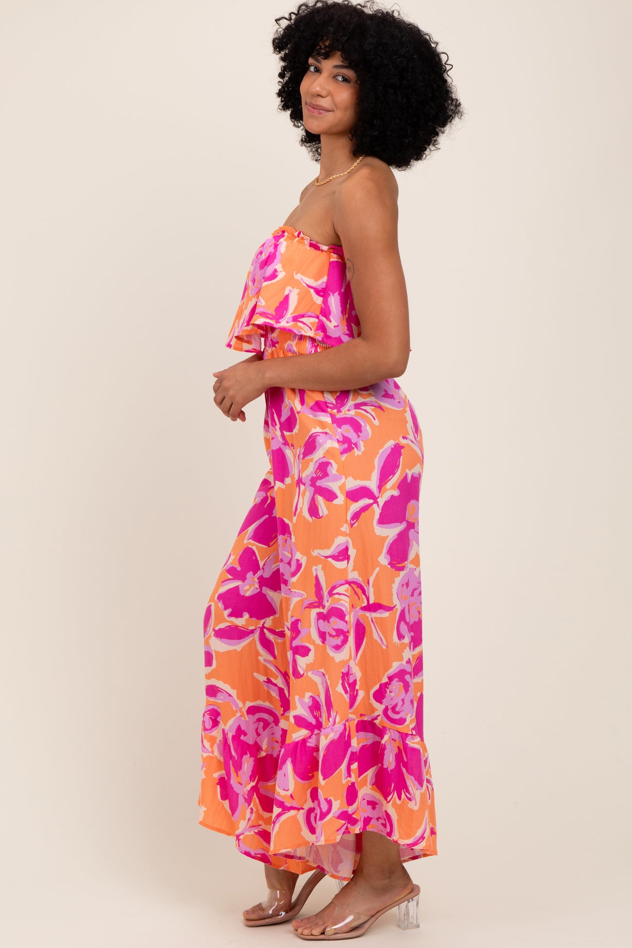 Orange Fuchsia Floral Strapless Ruffle Wide Leg Jumpsuit