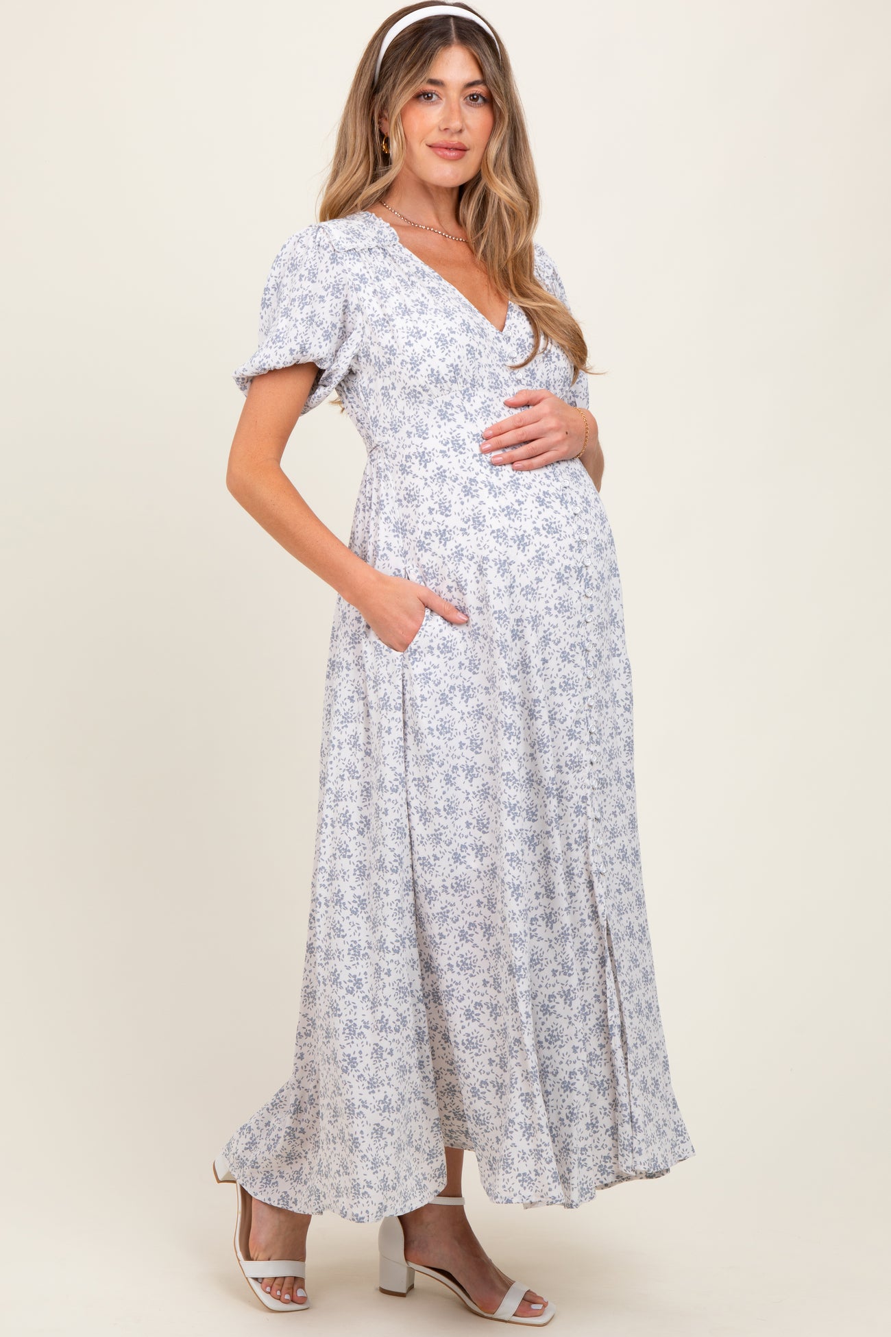 Light Blue Floral Button Down Maternity Dress